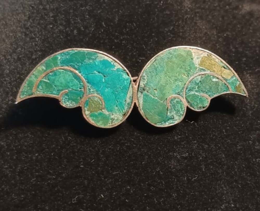 Taxco Mexico Crushed Stone Turquoise 925 Sterling Brooch Artist Signed Beto